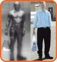 A mmw scan and a photo of a man holding a weapon in a plastic bag